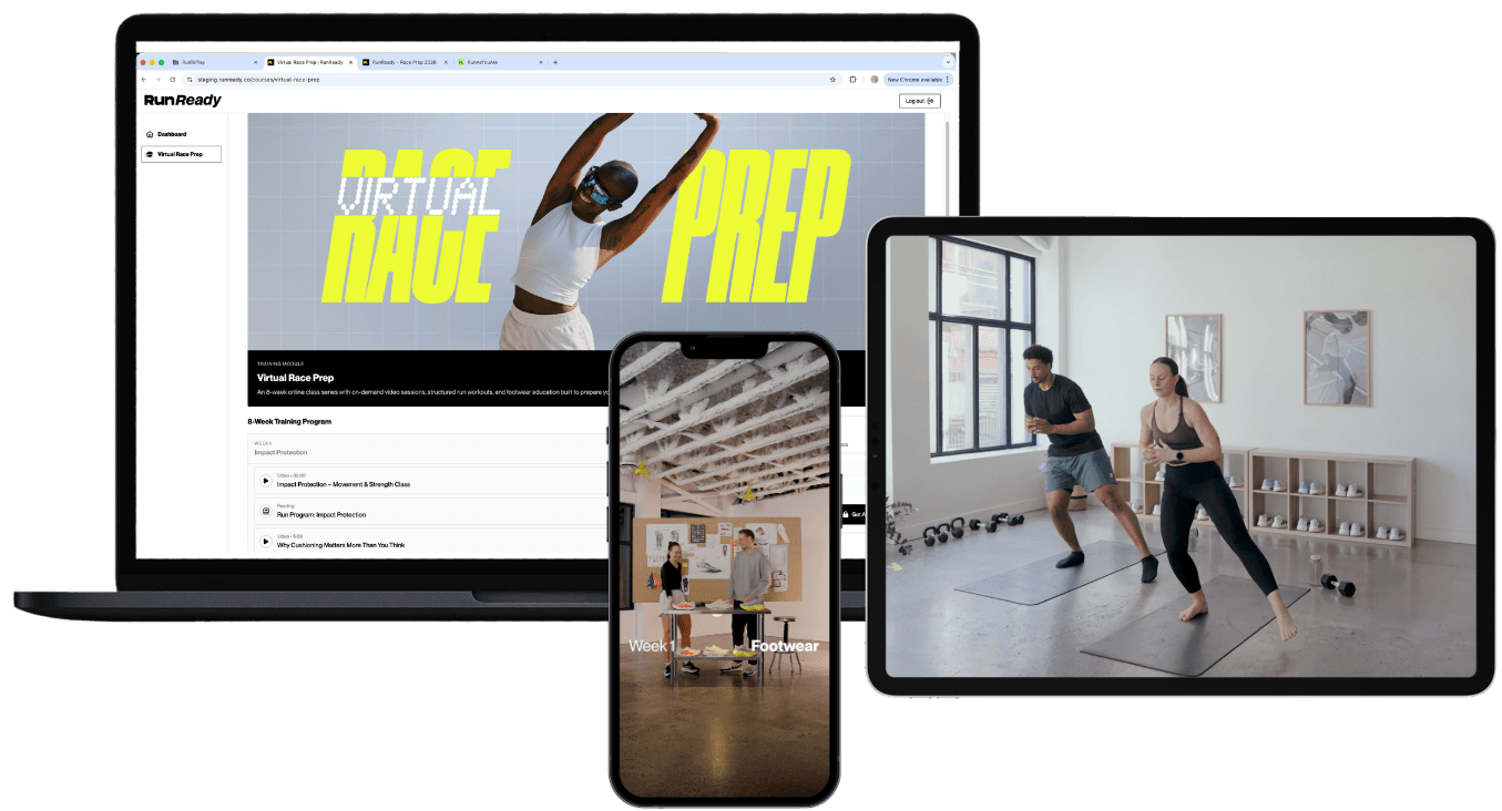 RunReady app showing class progression and curriculum across devices